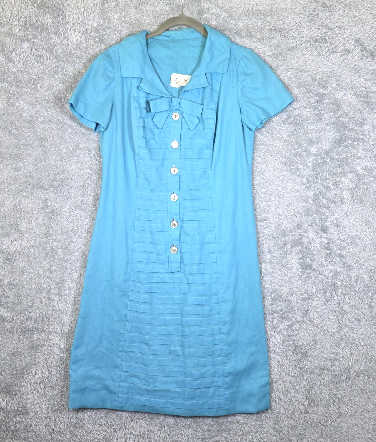 Vintage Leslie Fay Blue Shift Dress Short Sleeve Bow Front Pleated Turquoise