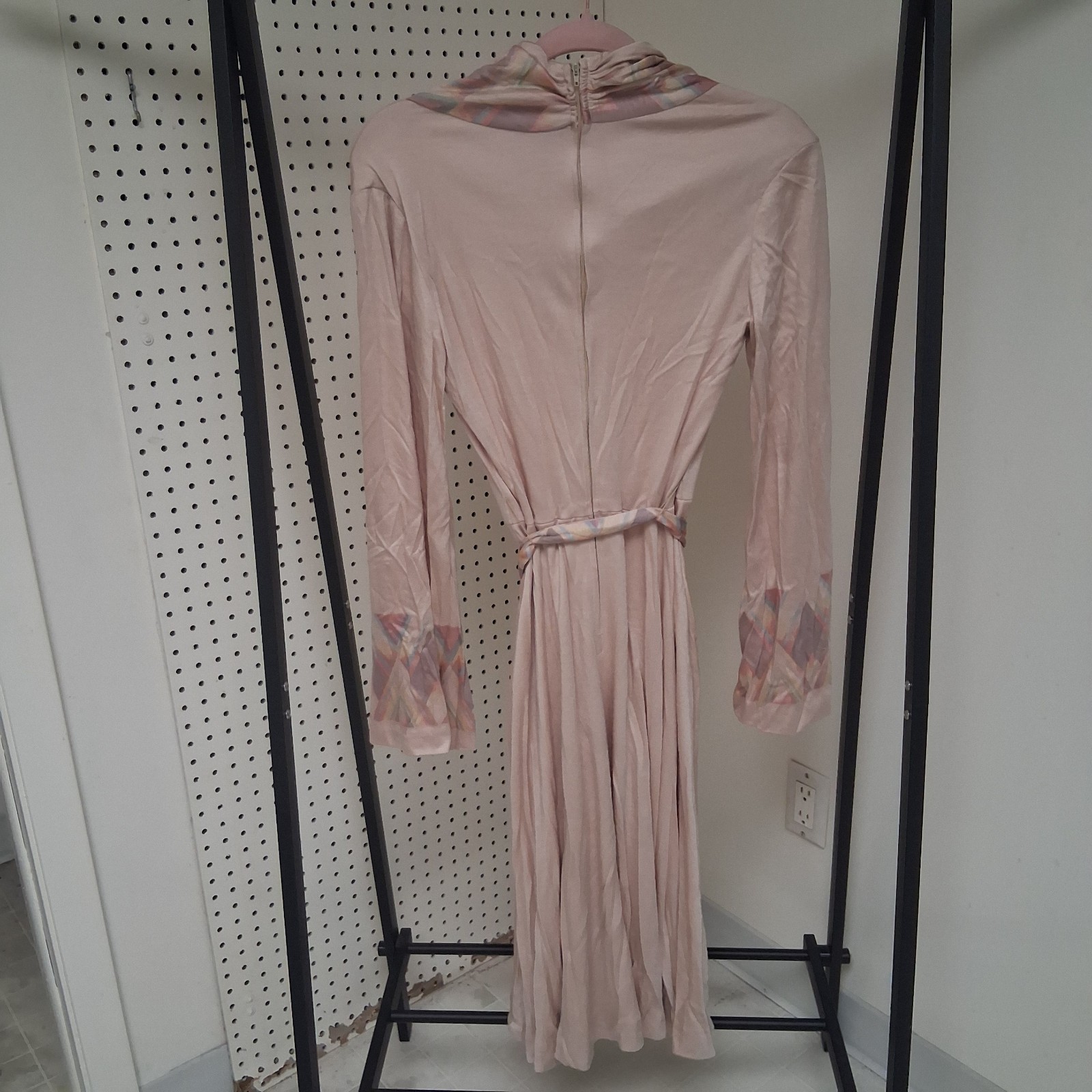 Vintage 70s Midi Bell Sleeve Dress Bohemian Earth Toned Pink Flowy Geometric USA