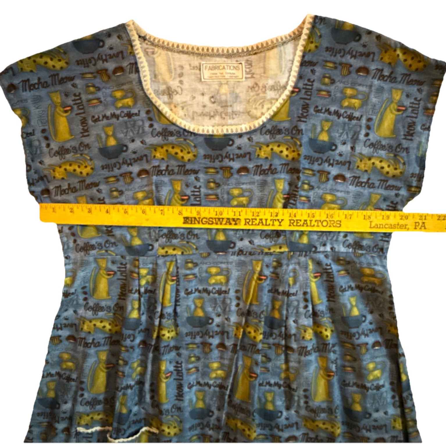 VTG Handmade Cats Coffee Print House Farm Dress Womens L CHARMING Fabric Retro