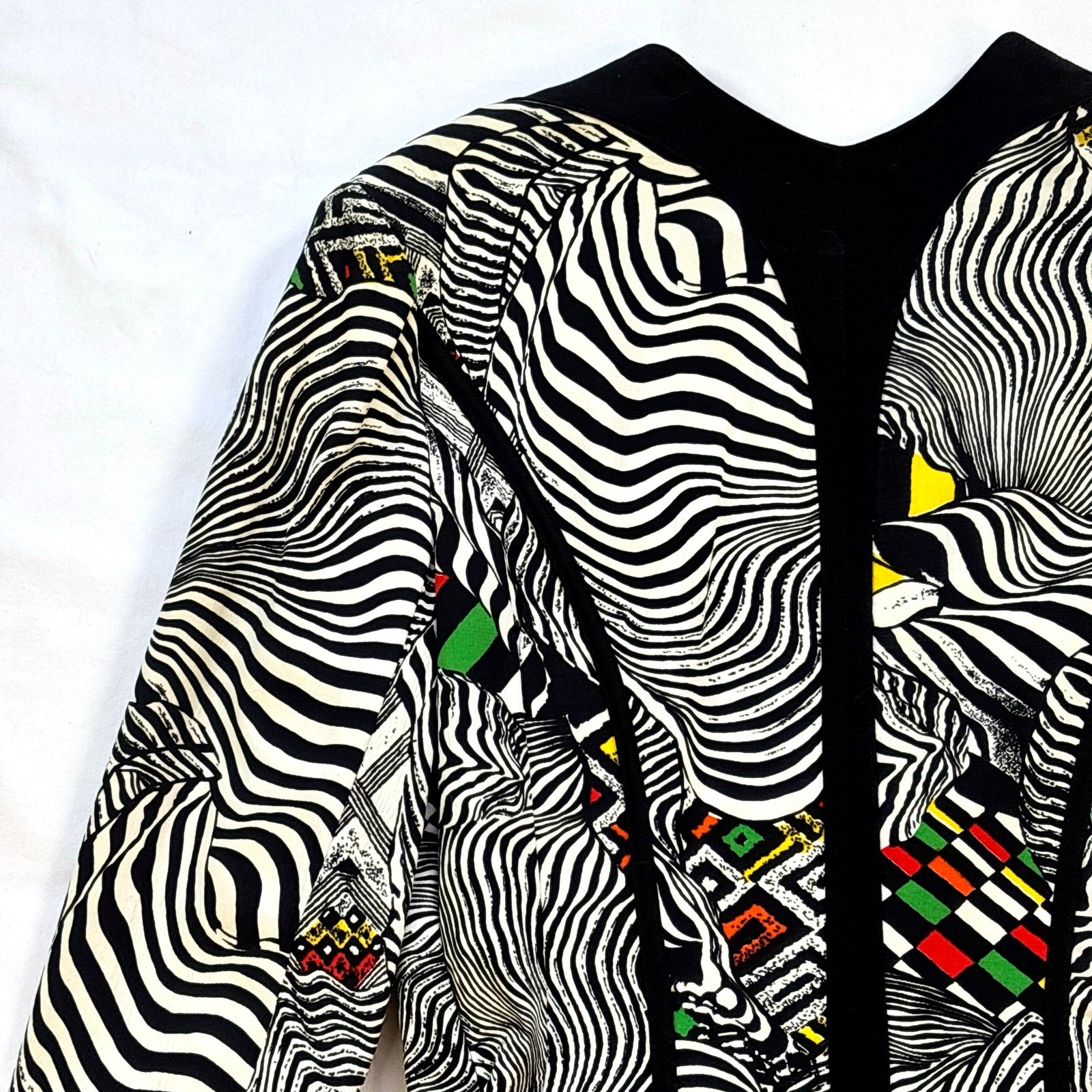 1980s IIF Zebra Geometric Print Skirt Set Blazer Car Wash Fringe Mini Two Piece