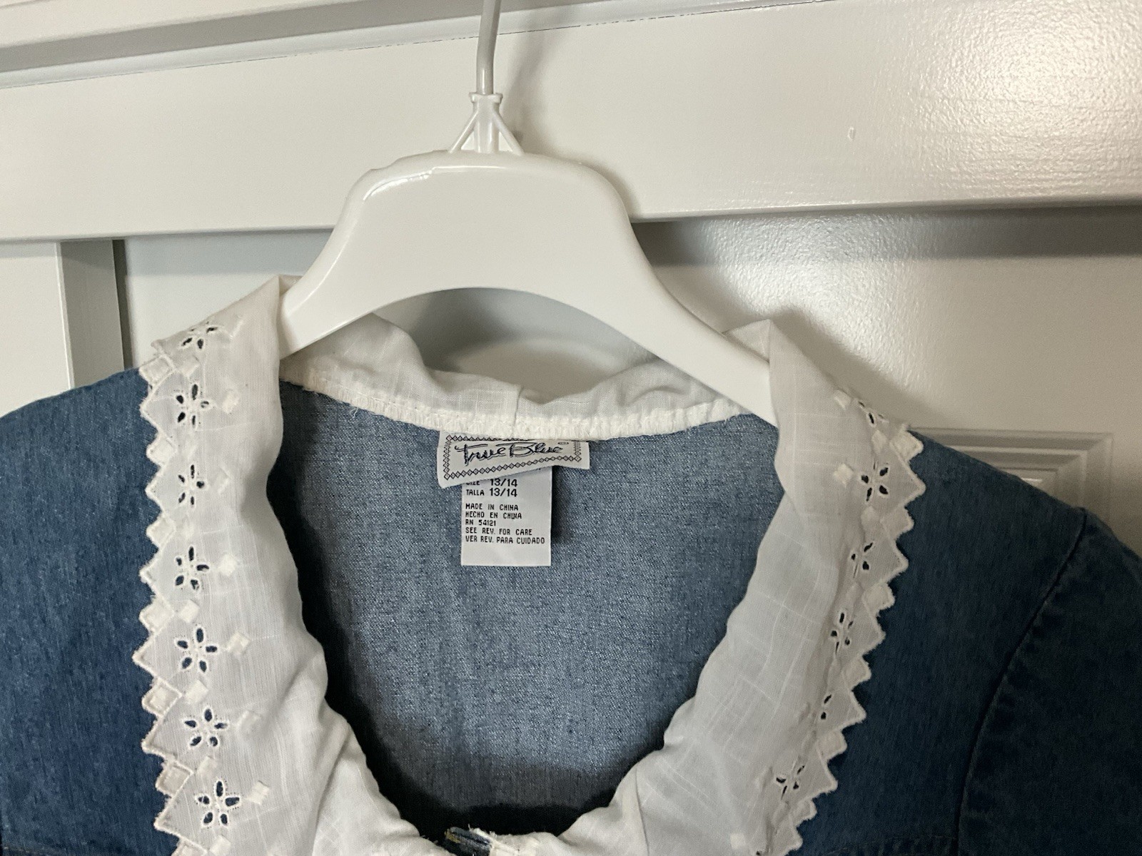 VTG 90s True Blue Denim & Lace Midi Jumpsuit Pearl Snaps Boho Cottage 13/14
