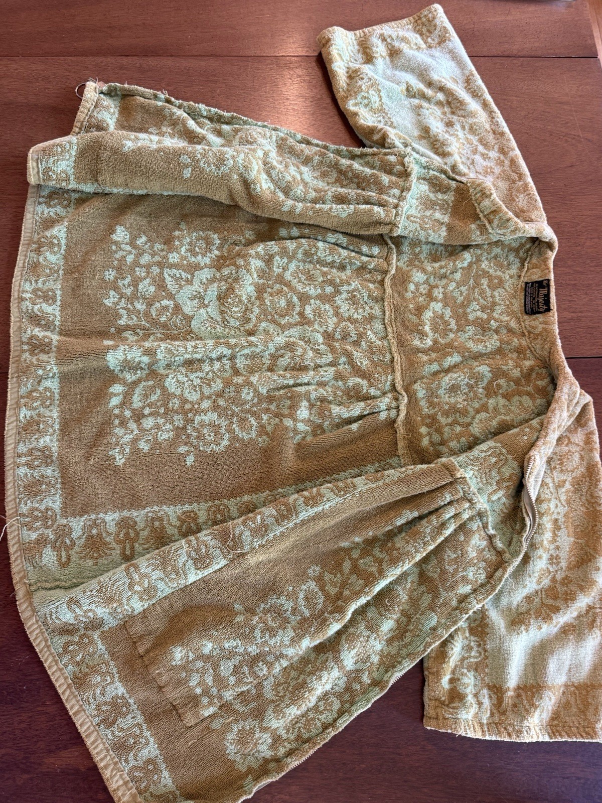 Vintage Her Majesty Green Cover Up Robe Terry Pockets 3/4 Sleeves Zip Up