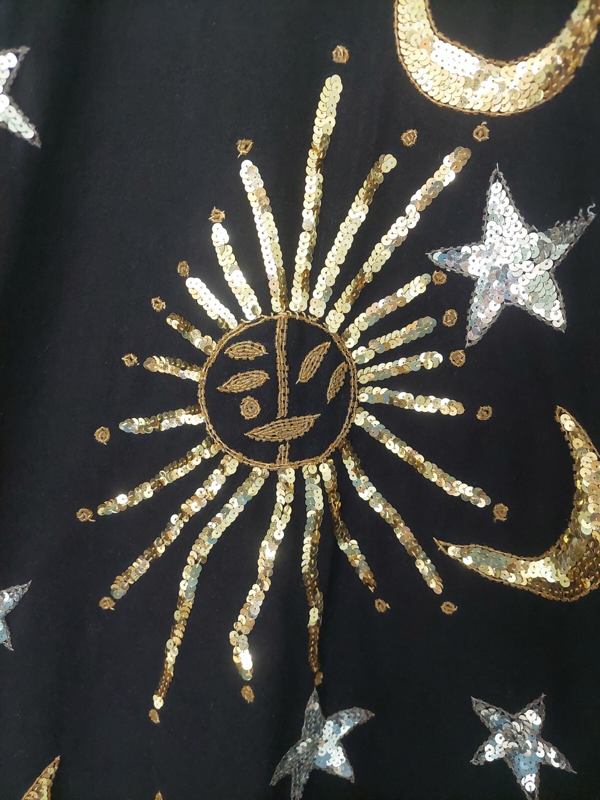Vintage Modi Denim Celestial Sun Moon Stars Black Sequined Jacket Medium