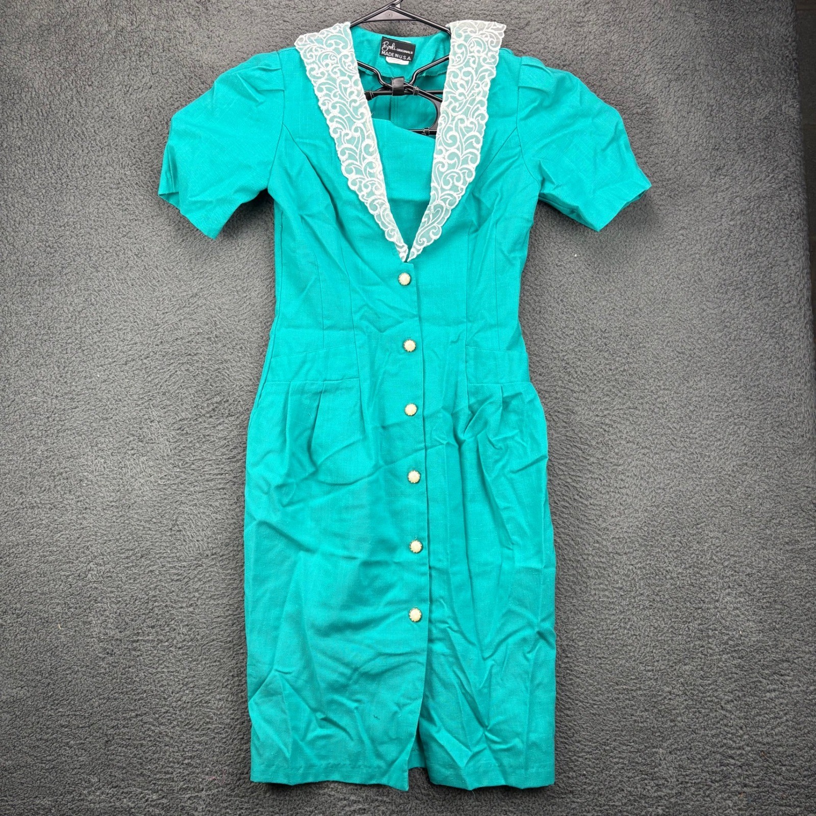Breli Originals Vintage 80s Teal Green Lace Collar Button Front Dress Size 8