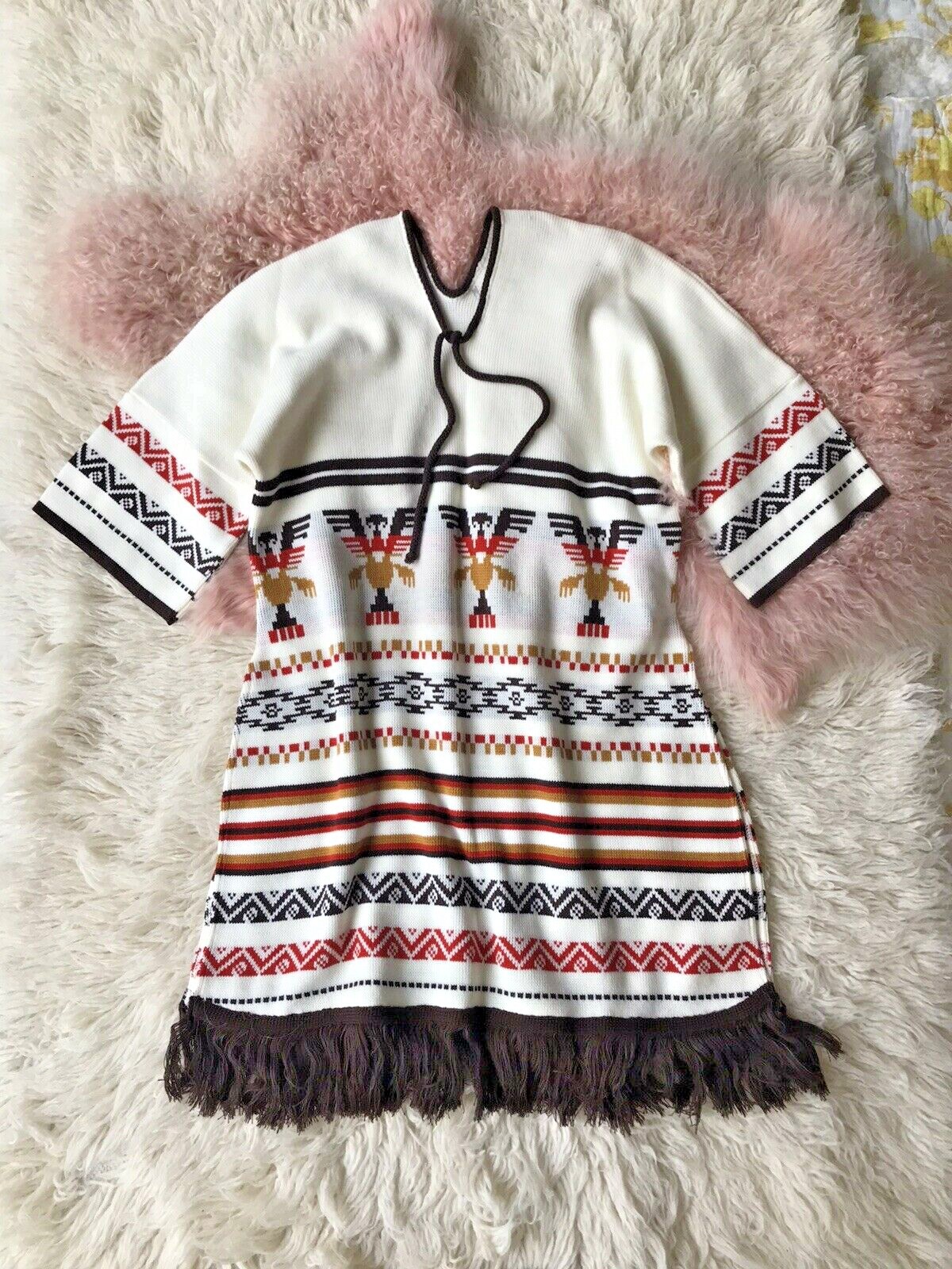 Vintage 70’s Boho Fringe Peruvian Soft Knit Sweater Dress Top Tunic Small Med