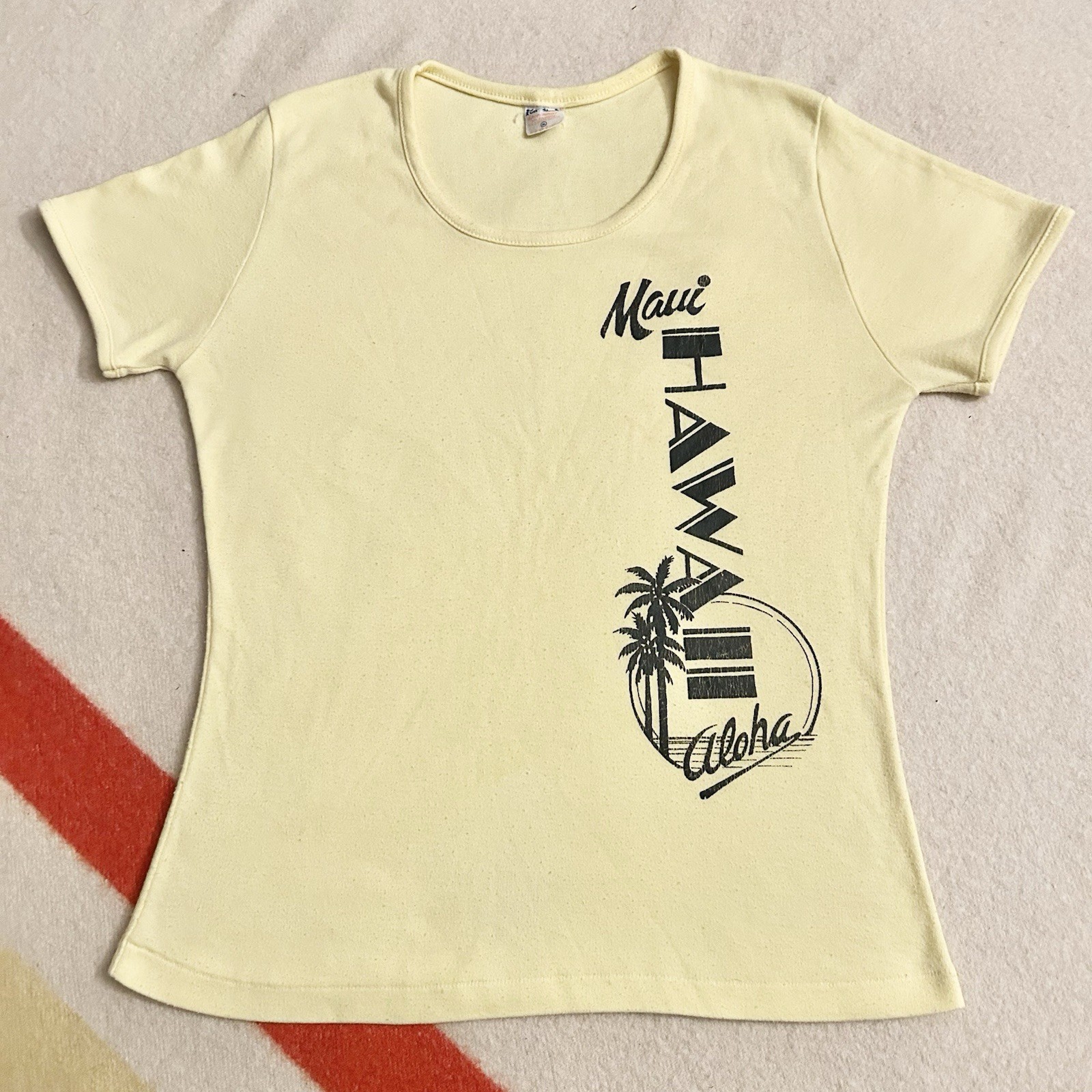 Vintage Hawaii Babydoll Shirt Womens XL 70s Pale Yellow Maui Tourist Fun Tees