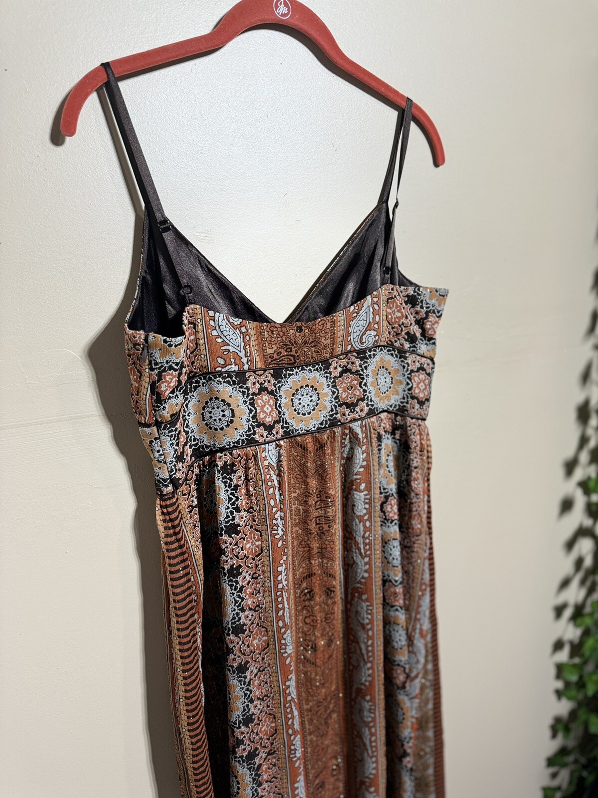 VTG Spenser Jeremy Beaded Metallic 98% Silk Sun Dress Empire Waist Brown Sz 10