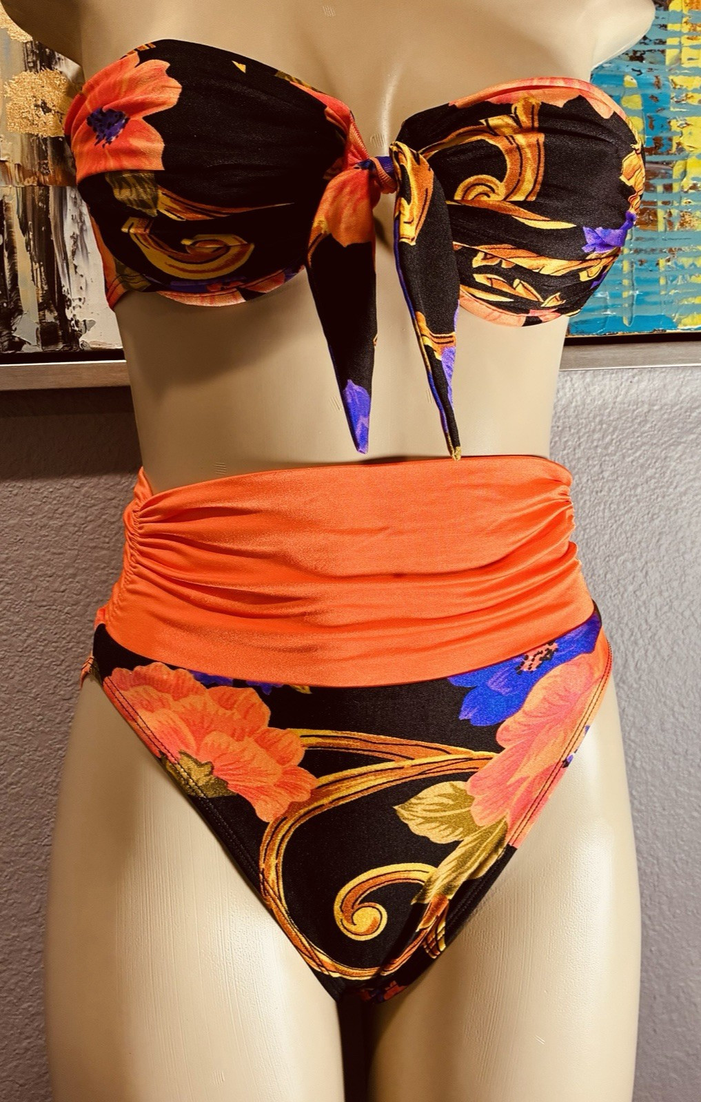 Vintage Orange Purple Floral LA BLANCA 2 piece Bikini Swimsuit S