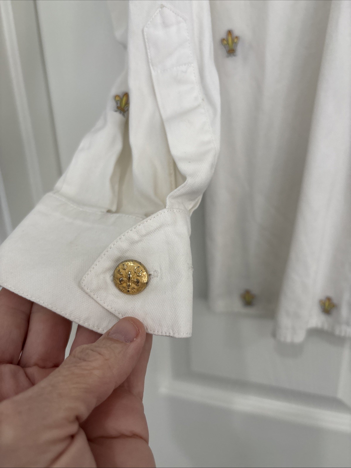 VTG ESCADA Margaetha Ley fleur-de-lis Embroidered Gold Button Blouse 34 Germany