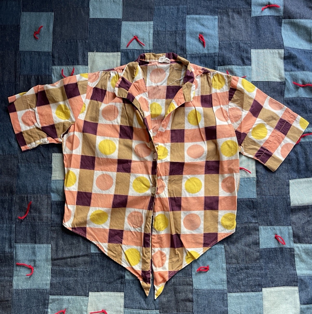 Vintage 40s 50s Women’s Tie Front Top Shirt Polka Dot Rockabilly Sanforized Med
