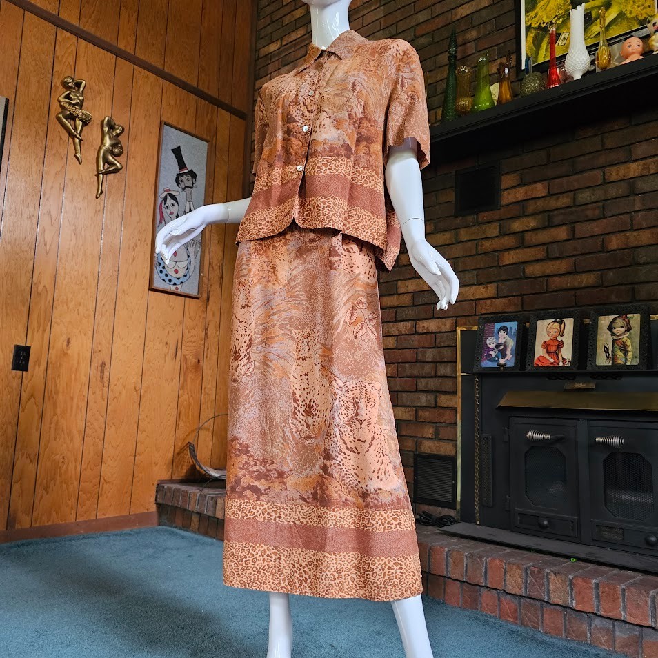 Vtg 90s SL Fashions Leopard Animal Print Safari Volup 2 Pc Dress + Shirt XL/XXL
