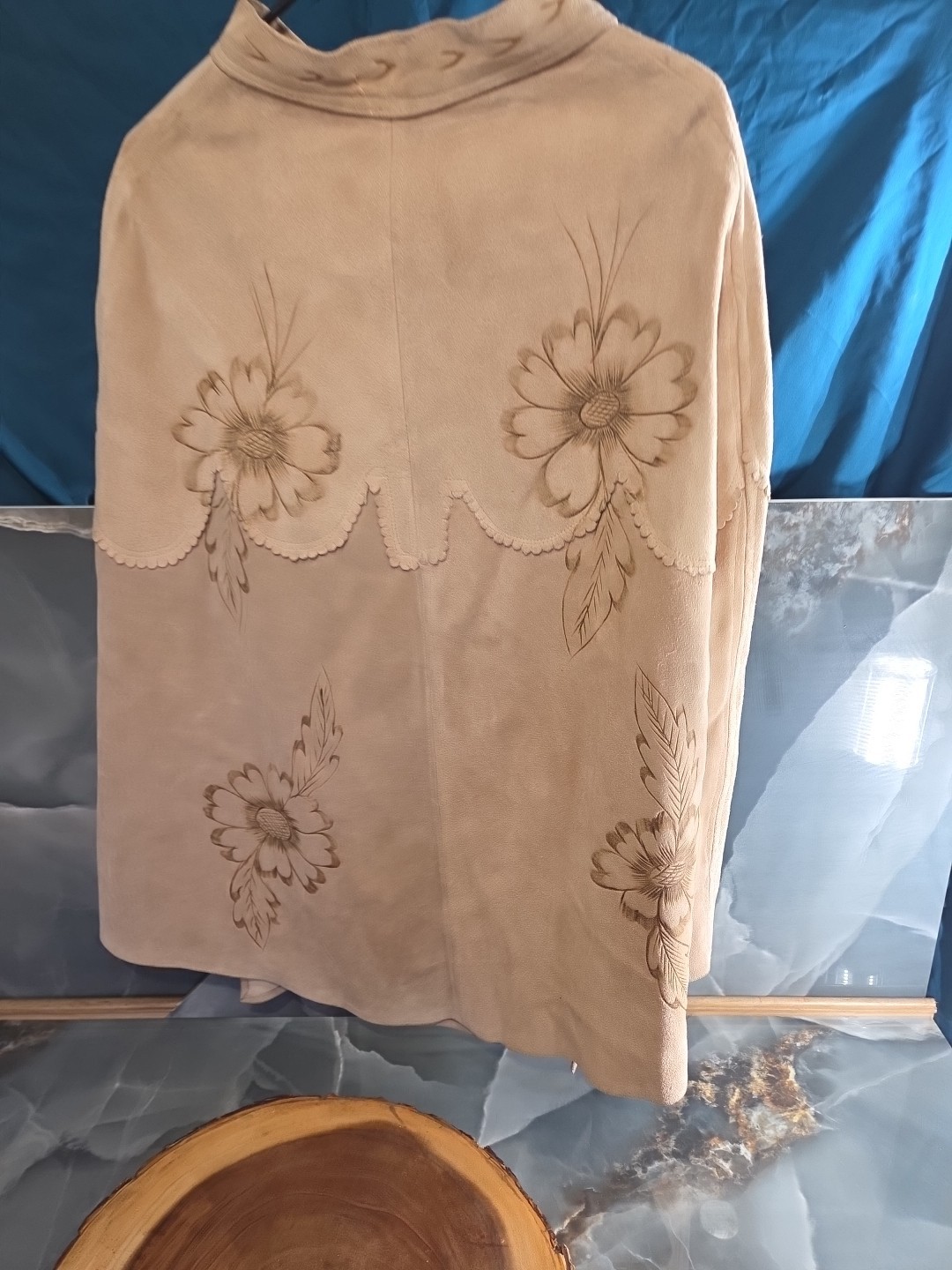 Vintage 1960’s-70s Suede Leather Floral Hand Tooled Cape Poncho Hippie