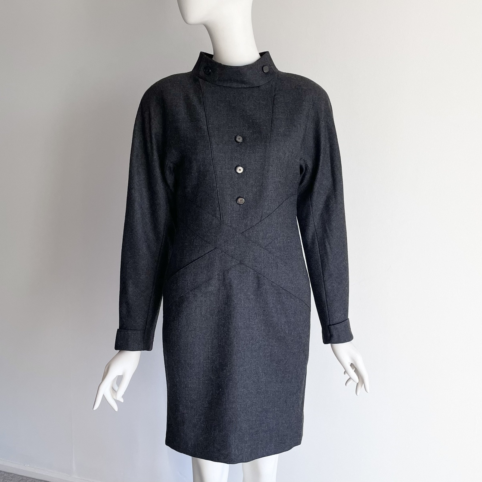 Vintage 1980s Chloe Gray Wool Dress Cross Front Buttons Shoulder Pads Size XS