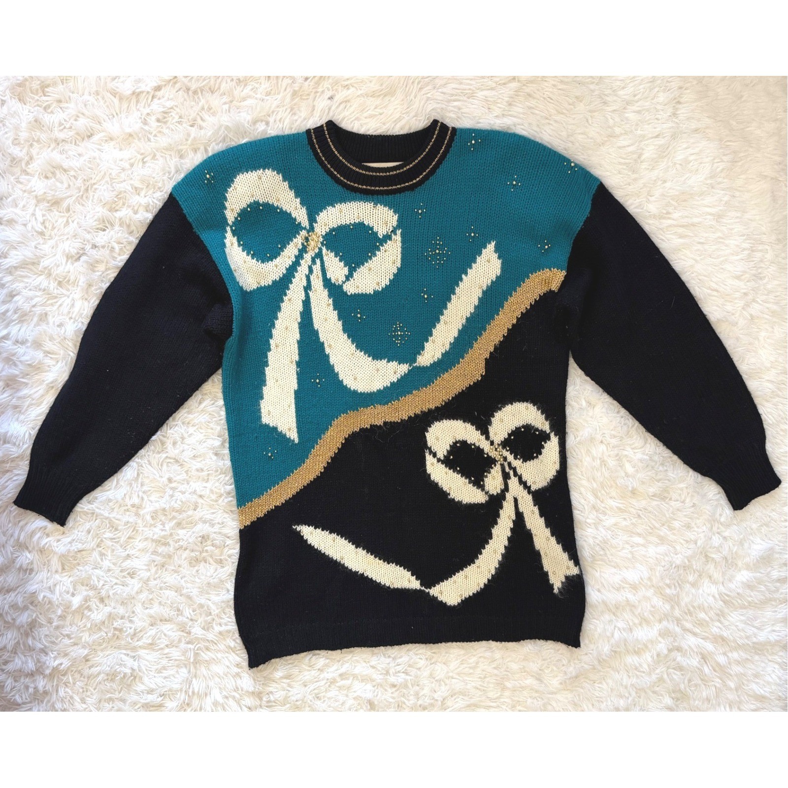 Dana Scott Sweater Large Vintage Bow Beaded Knit Teal Black Gold Retro 80s 90s