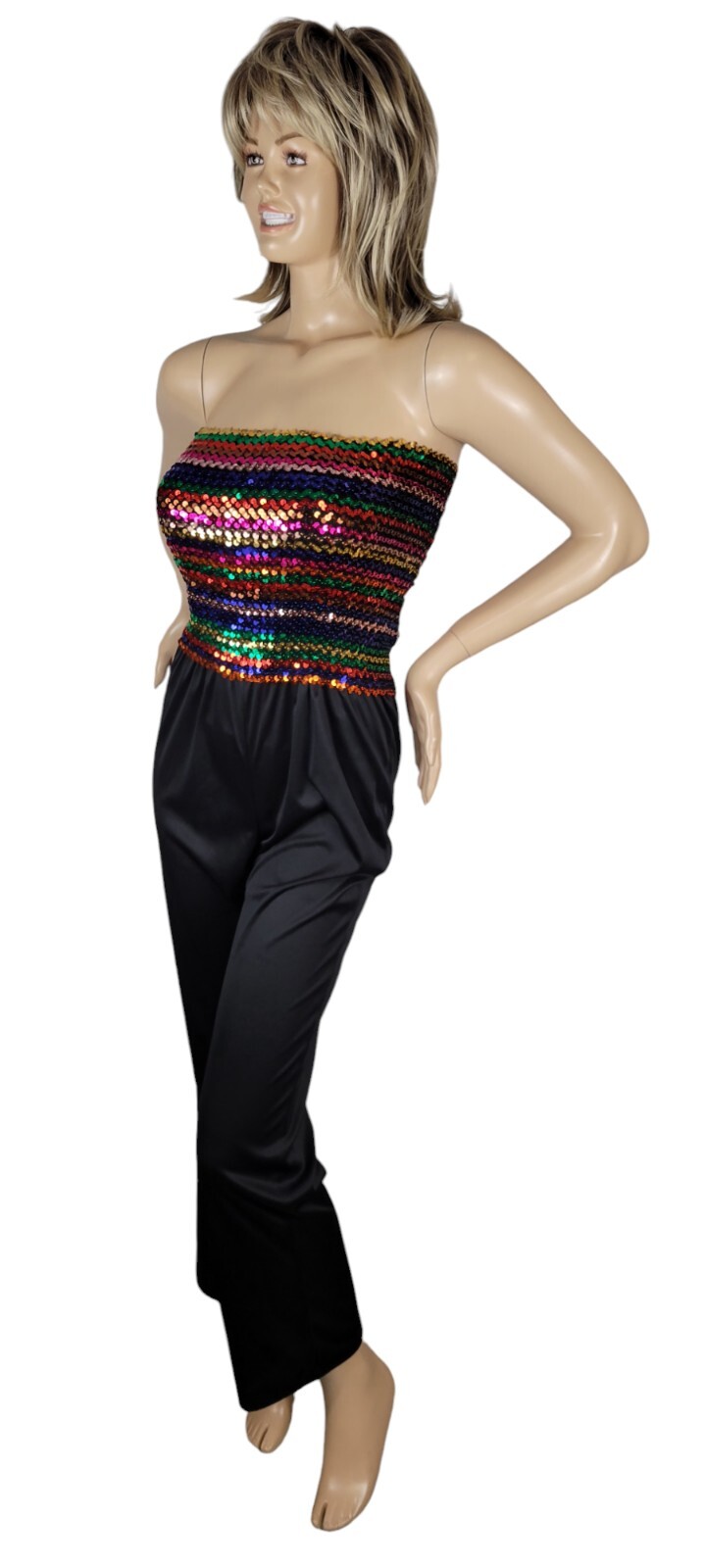 Vintage 70s JC Penney Fashions Rainbow Sequin Disco Halter Jumper Jumpsuit 13/14