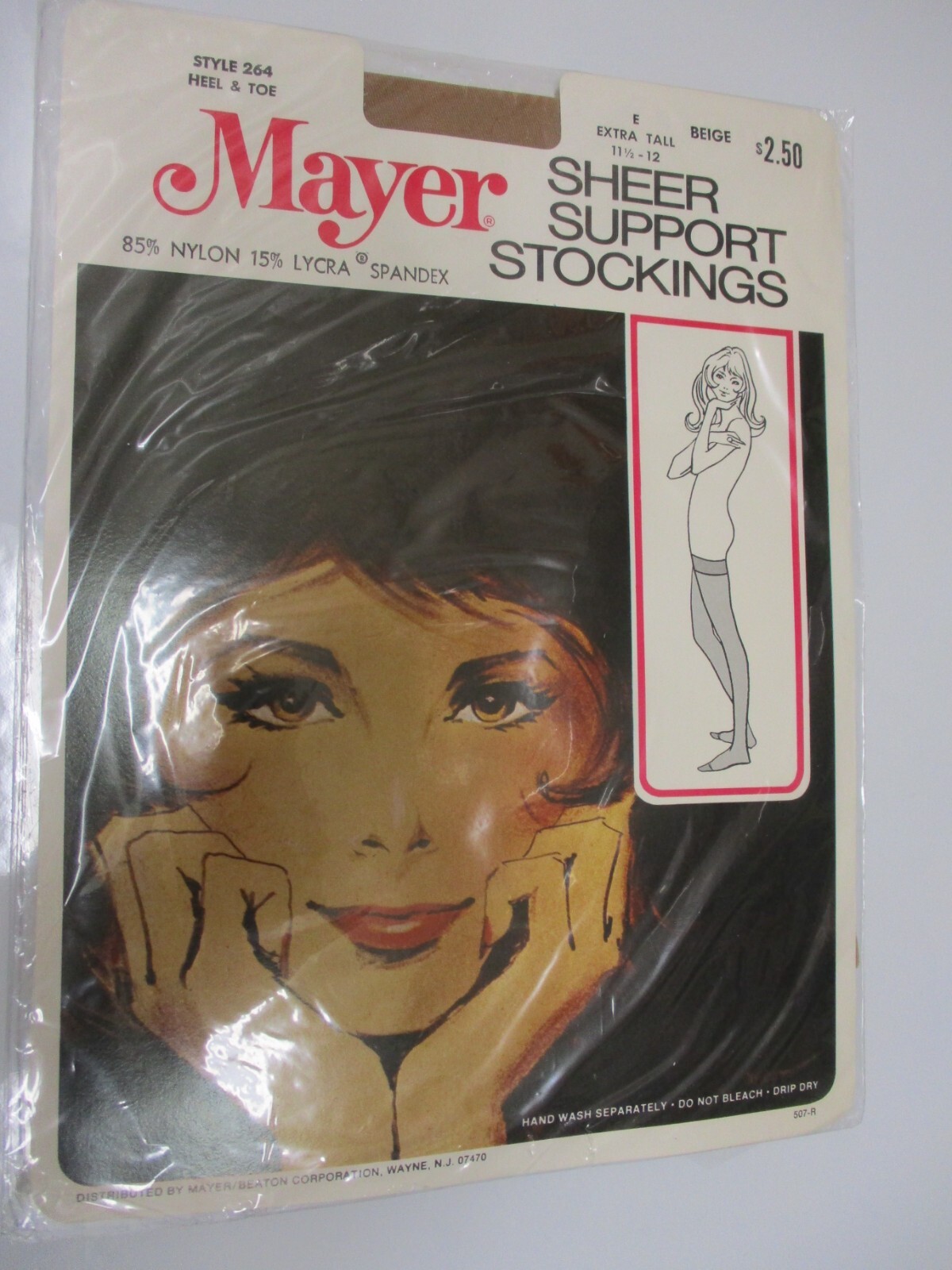 1PR VINTAGE MAYER 264 RHT SUPPORT SHEER NYLON STOCKINGS SZ 11 1/2-12 XLONG BEIGE