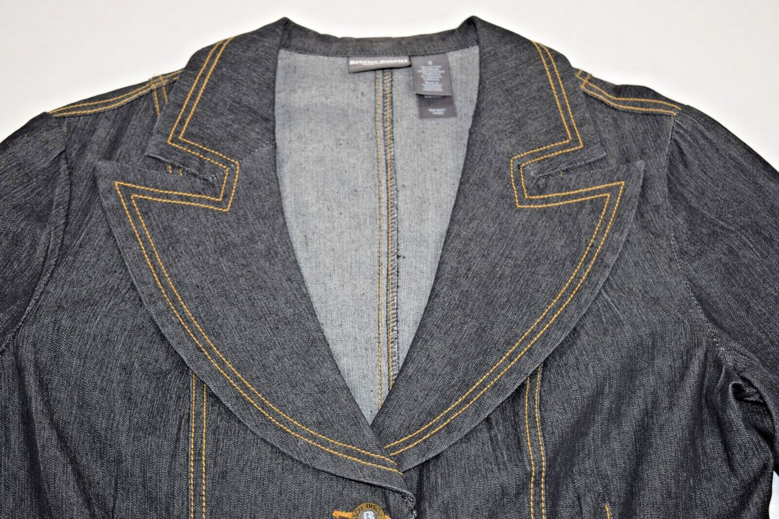 Vintage Denim Blazer Jacket Bisou Bisou Size 8 90s Blue Gold Stitch Fitted