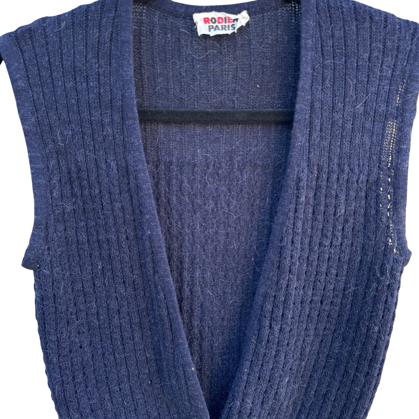 Rodier Paris Vintage French 90s Ribbed Knit V-Neck Librarian Sweater Vest Navy M