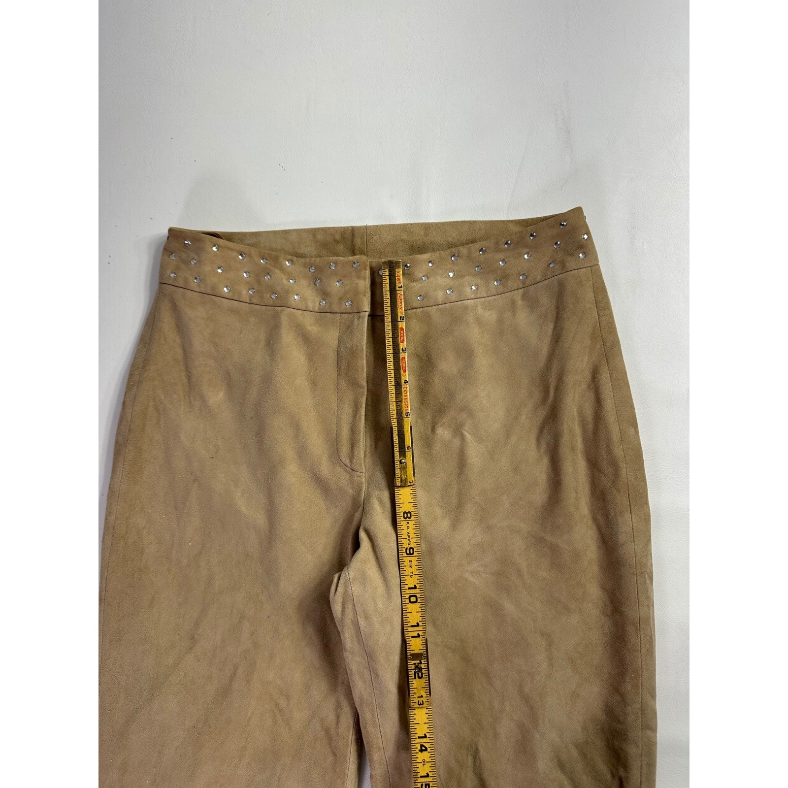 Cache Vintage Tan 100% Goat Suede Studded Rhinestone Straight Leg Pants Size 2