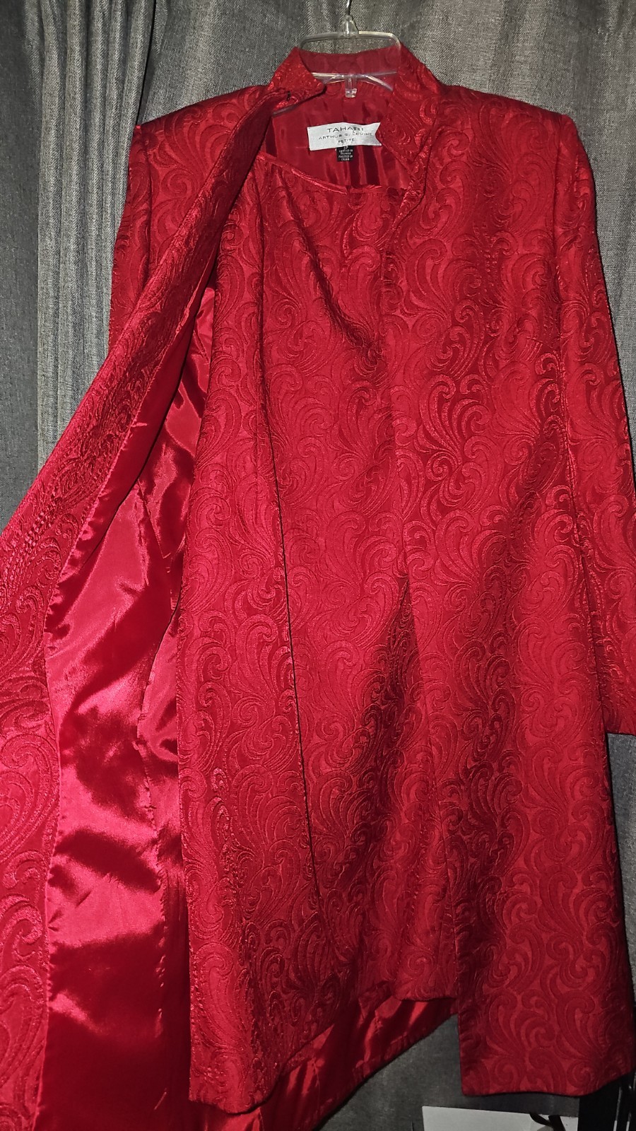 Tahari Arthur S Levine Petite Red Jacquard Brocade Duster Jacket 2PC 6Petite