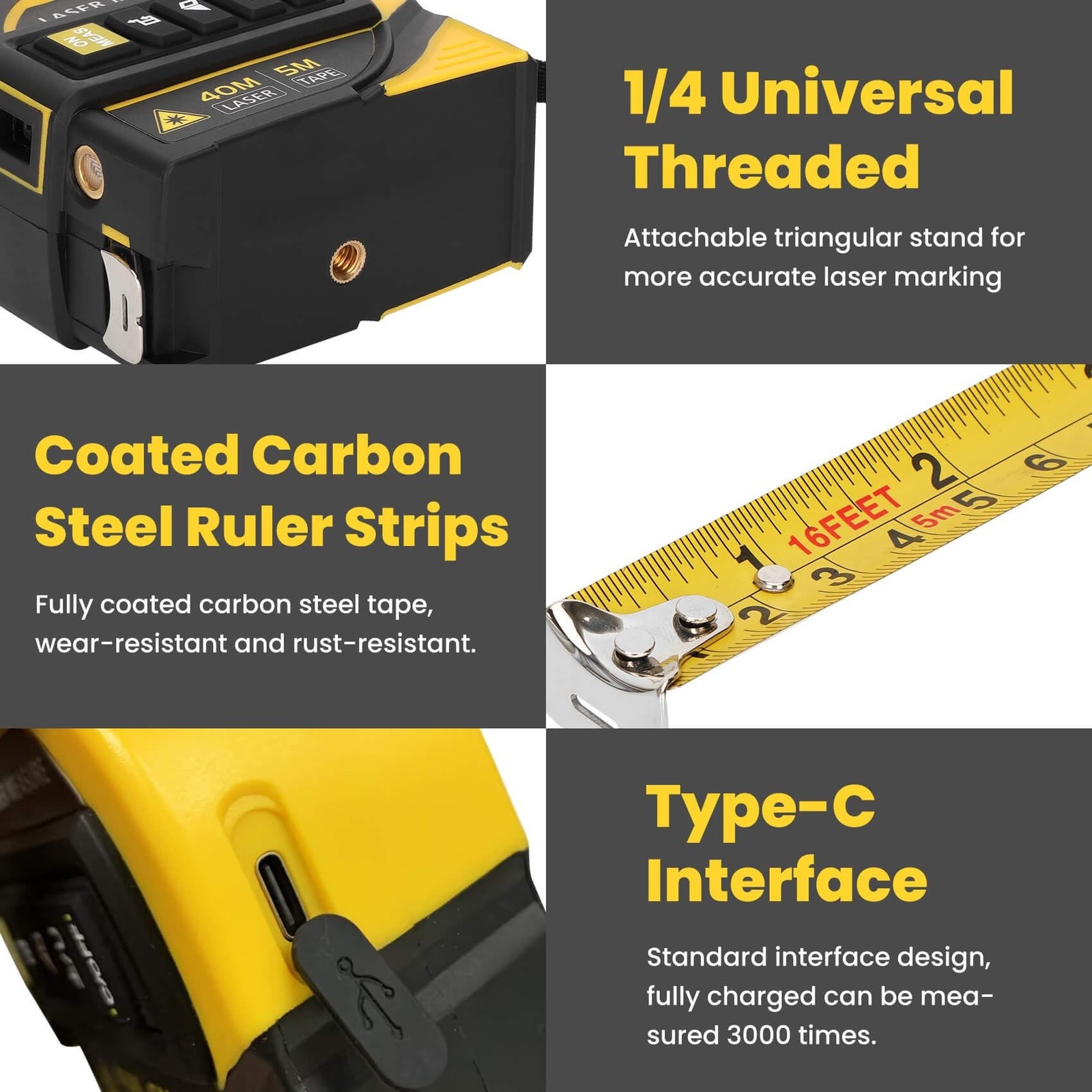 Edovaf 4-in-1 Laser Tape Measure 16FT AutoLock 130FT Laser Level Crosshairs LCD