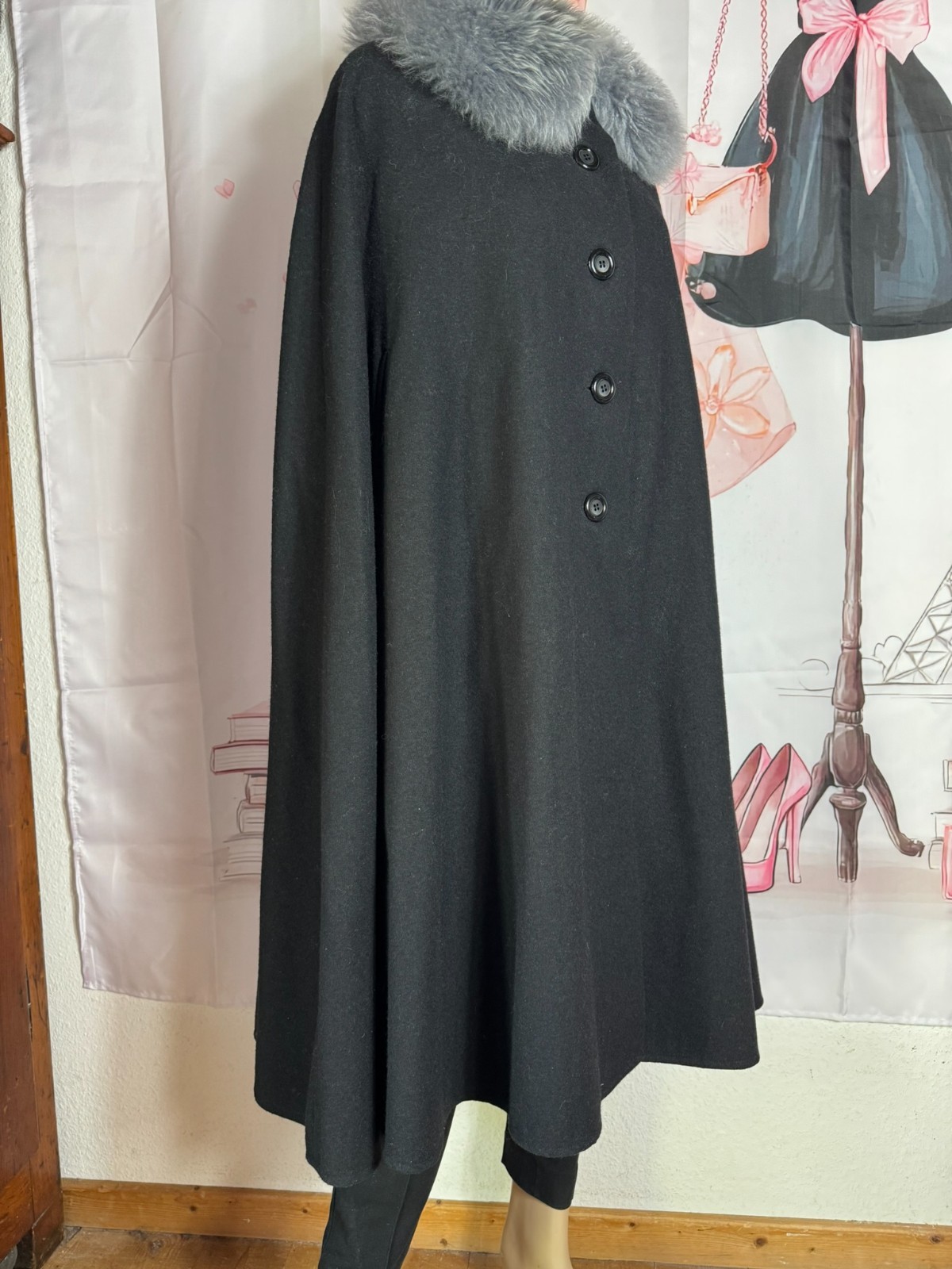✨ Vintage Couture Cape 60s Black Wool Cape Real Fur Collar Old Money XL