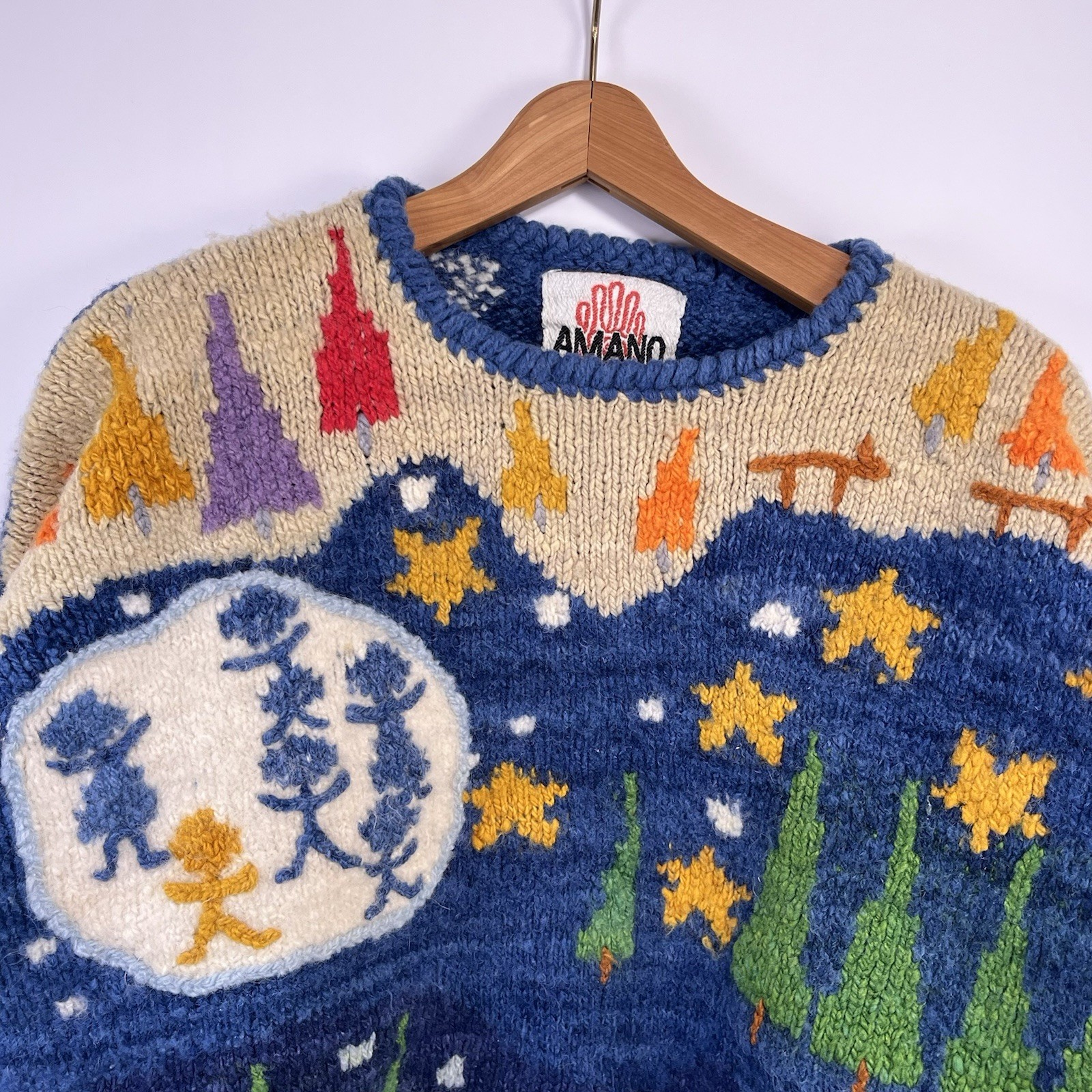 Vtg Amano Bolivian Wool Hand Knit Sweater Christmas Trees Stars Night Sky Aymara