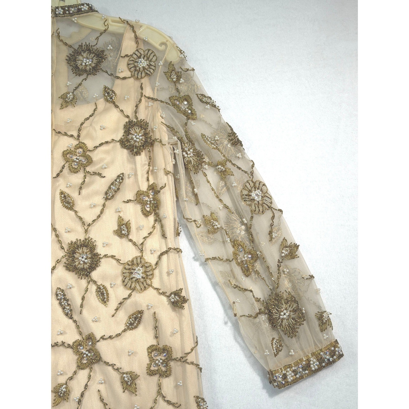 Handmade Vintage Palm Beach Gold Silk Beaded Dress 14 M / L Long Sleeve