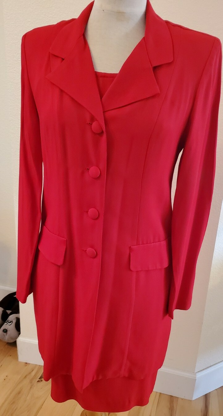 1980s Vintage Christmas Red Dress Jacket Lew Magram 2 Pc Sleeveless Size 6-8 USA