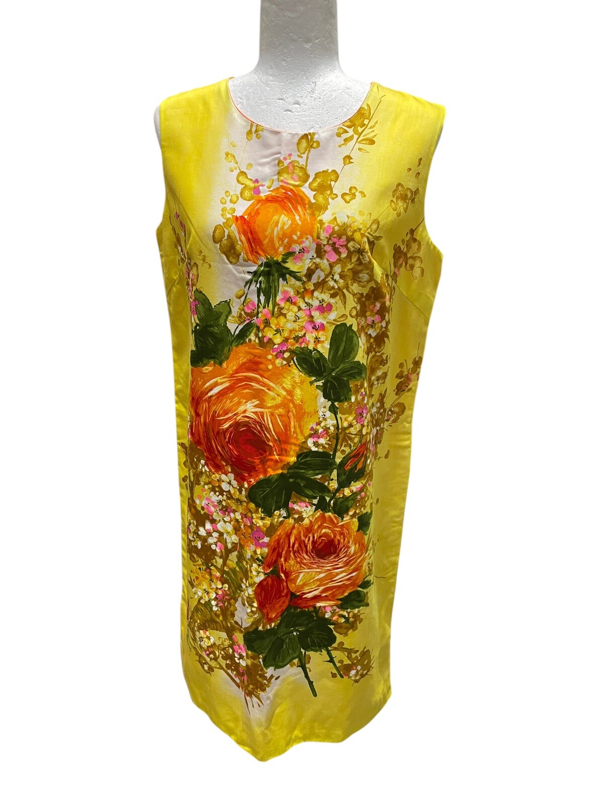 Vintage 60s Floral Shift Dress by Apropos Yellow Hand Screen Printed Roses Sz 14