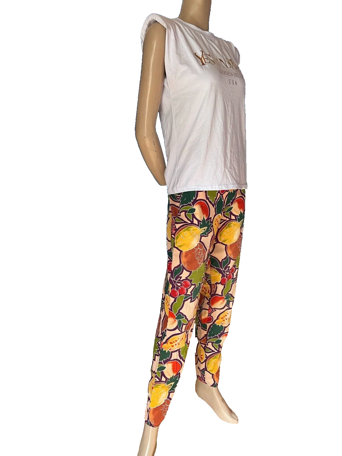 Vintage 1950s Cherry Print Cotton Pencil Pants S Fruit Pattern Crop Pant