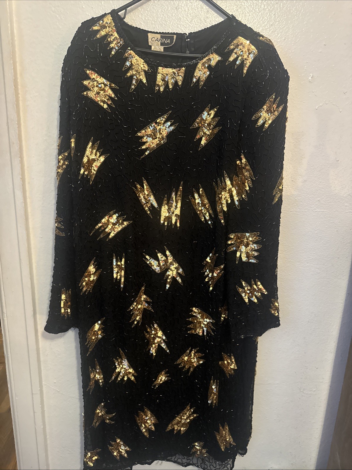 Vintage VTG 1980s 80s Carina Silk Black Beaded Gold Sequin Party Dress Sz 2X