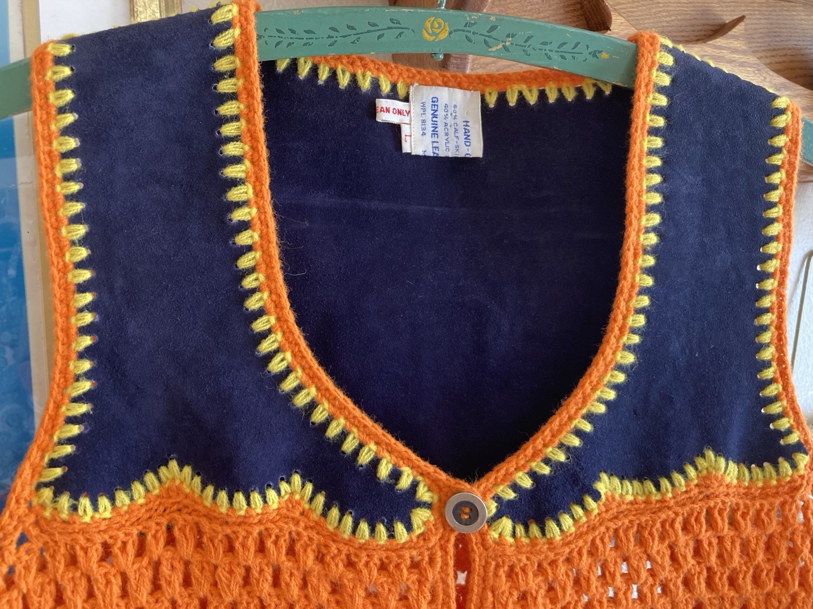 1970s Flower Power Suede Crochet Vest – Bust 34in