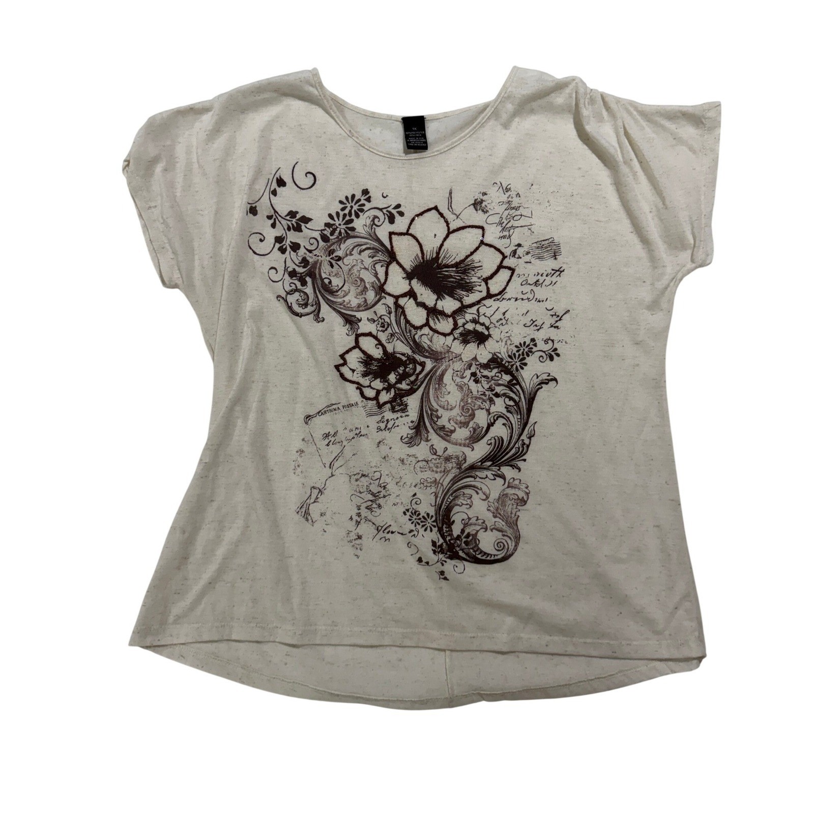 Plus Size 1X Cream Floral Scroll Graphic Linen Blend Dolman Tunic Top
