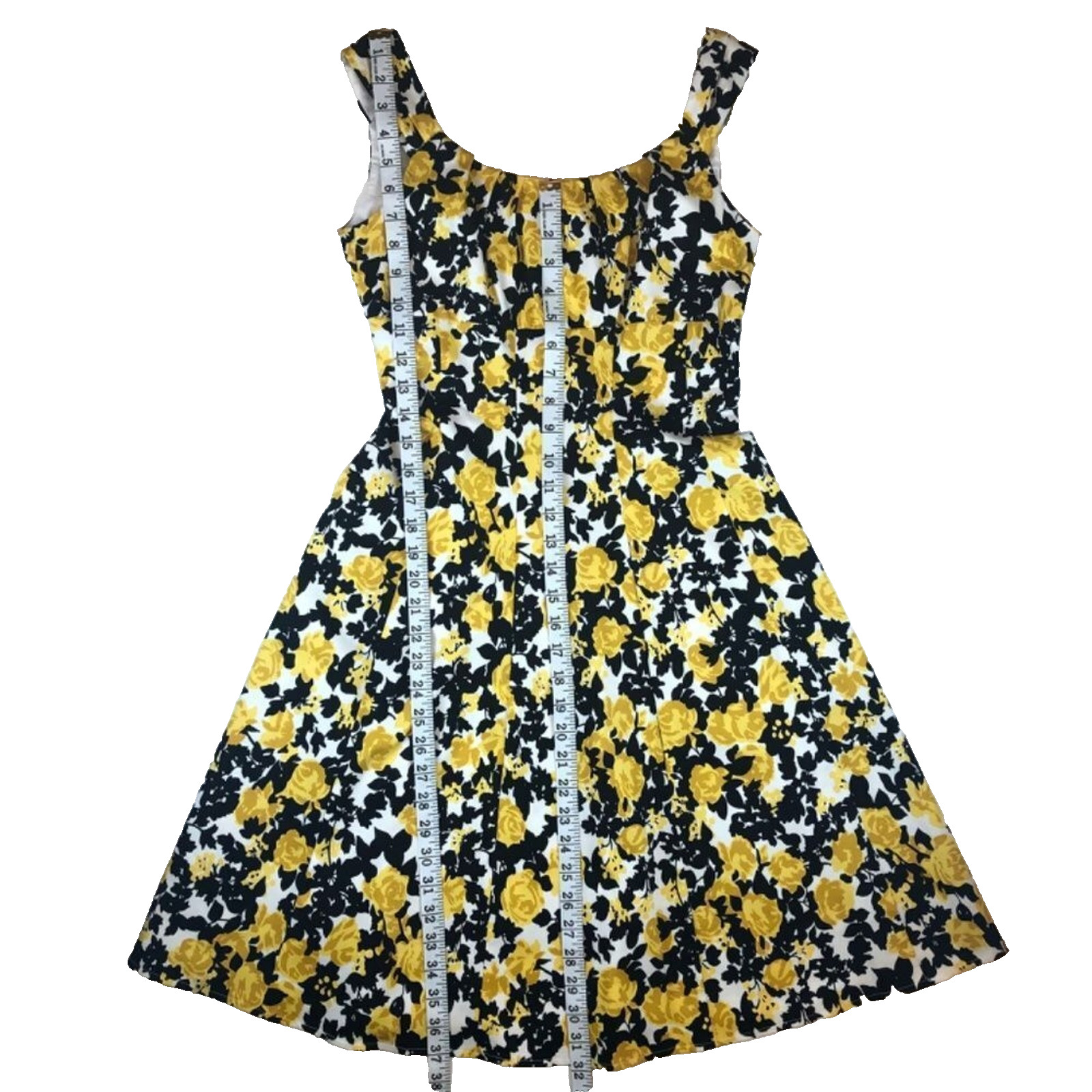 Vintage London Times Floral Fit & Flare Lined Dress Size 4 Black/White/Yellow