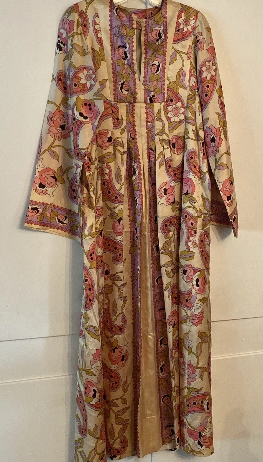 Vintage Long Midi Kaftan Dress Multi Pink Paisley Floral Duster Size M Retro