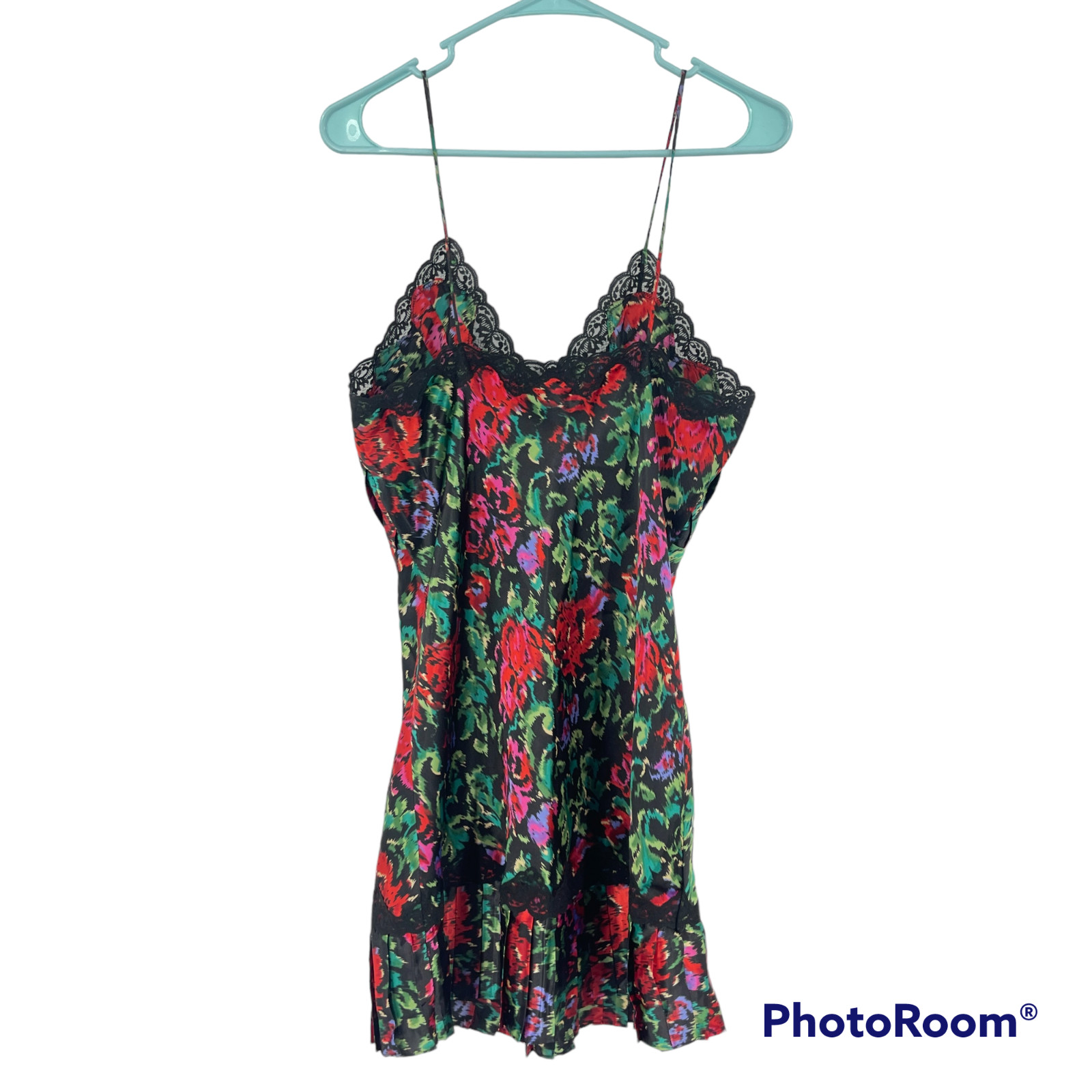Vintage Victoria’s Secret Slip Dress Black Red Lace Floral Mini Chemise Size M
