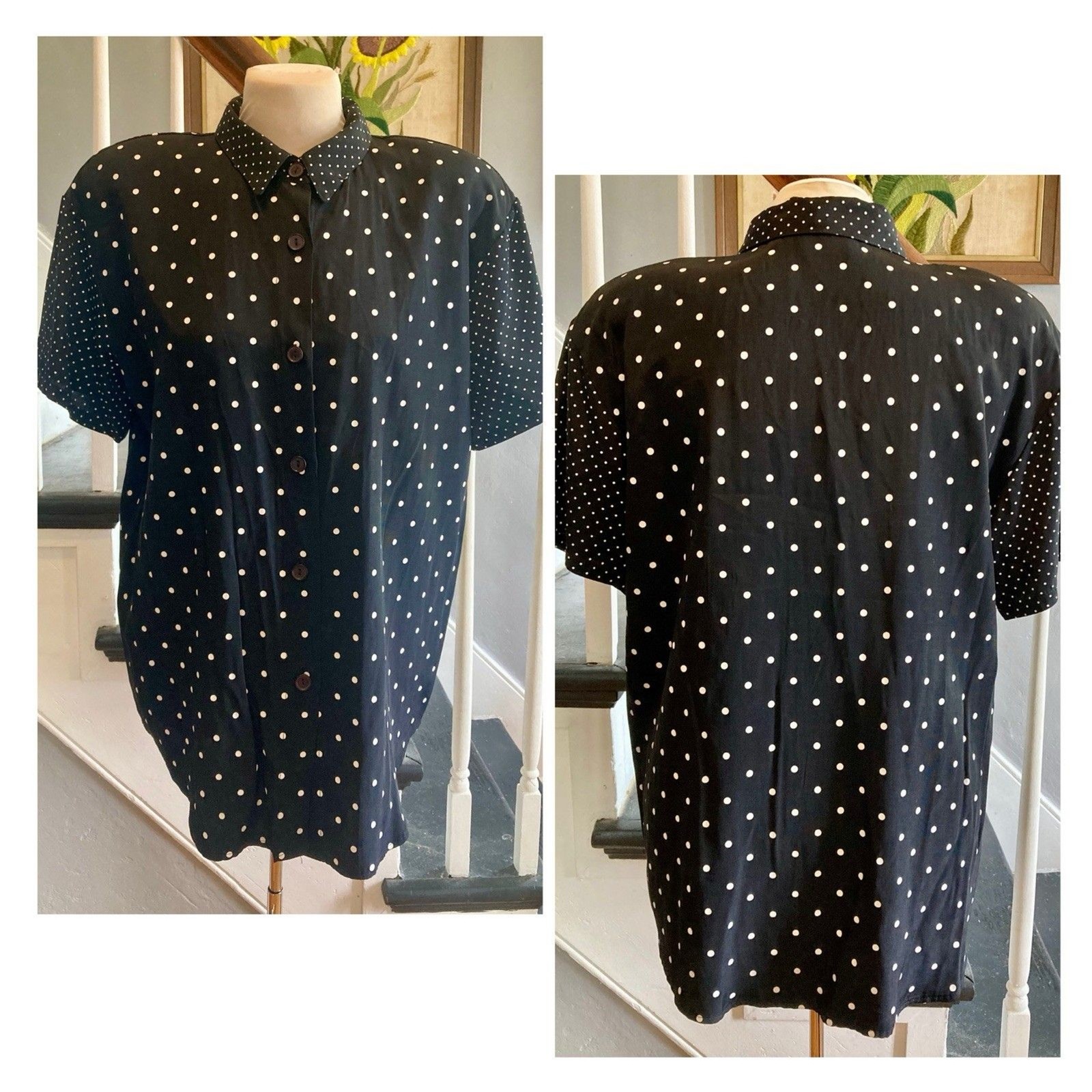 1980s 1990s Black And White Polka dot Shirt Shoulder Pads New Wave Work 9 To 5