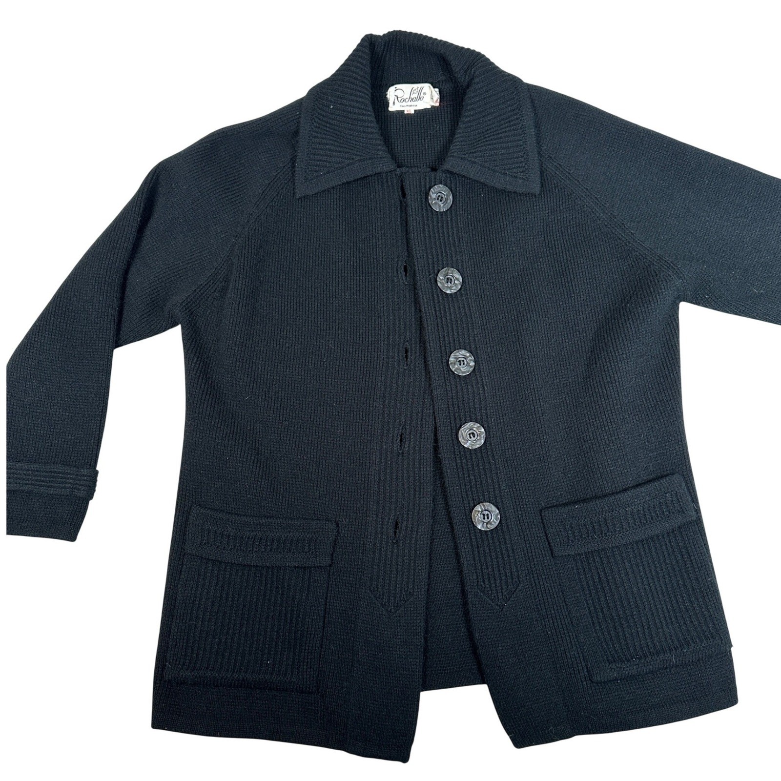 Vintage Rochelle California Black Knit Button Front Cardigan Sweater Jacket XL
