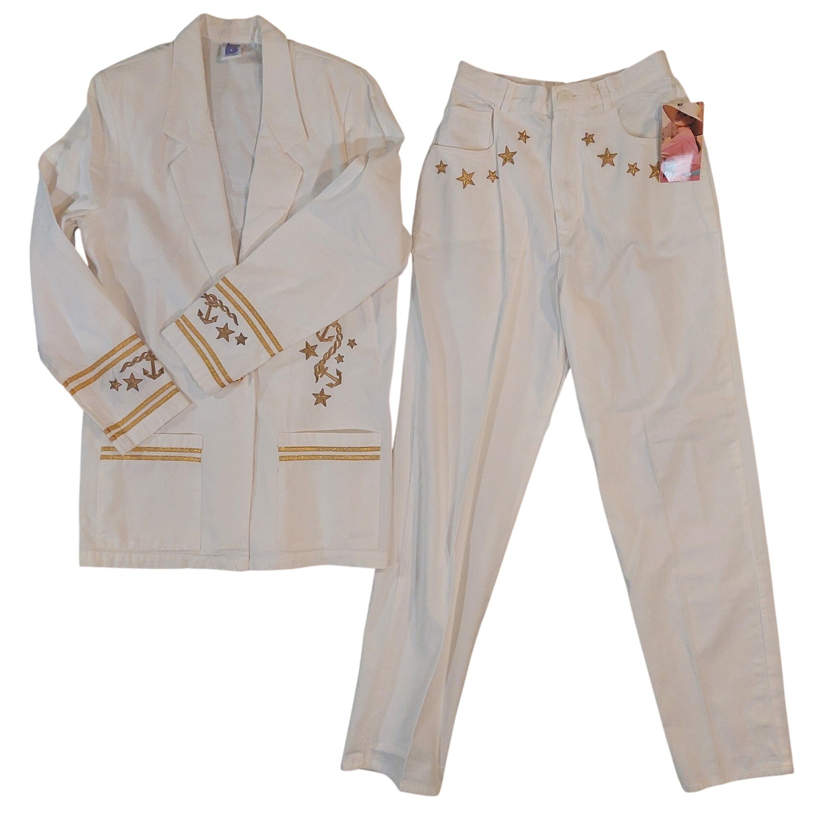 Renata B Nautical Blazer Pant Set Womens 12T White Gold Anchor Star Vintage 80s