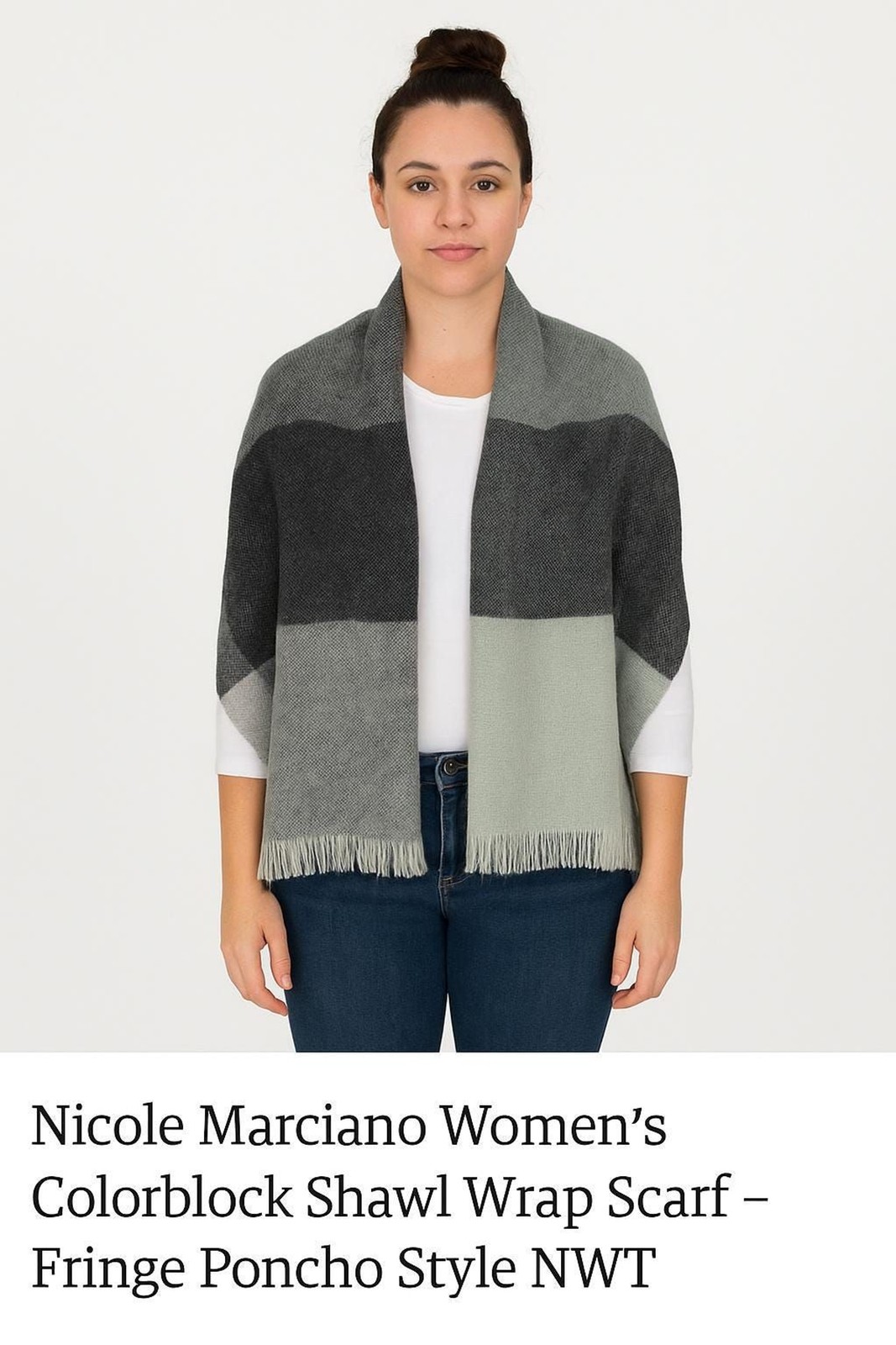Nicole Marciano Womens Colorblock Shawl Wrap Scarf with Fringe Poncho Style NWT