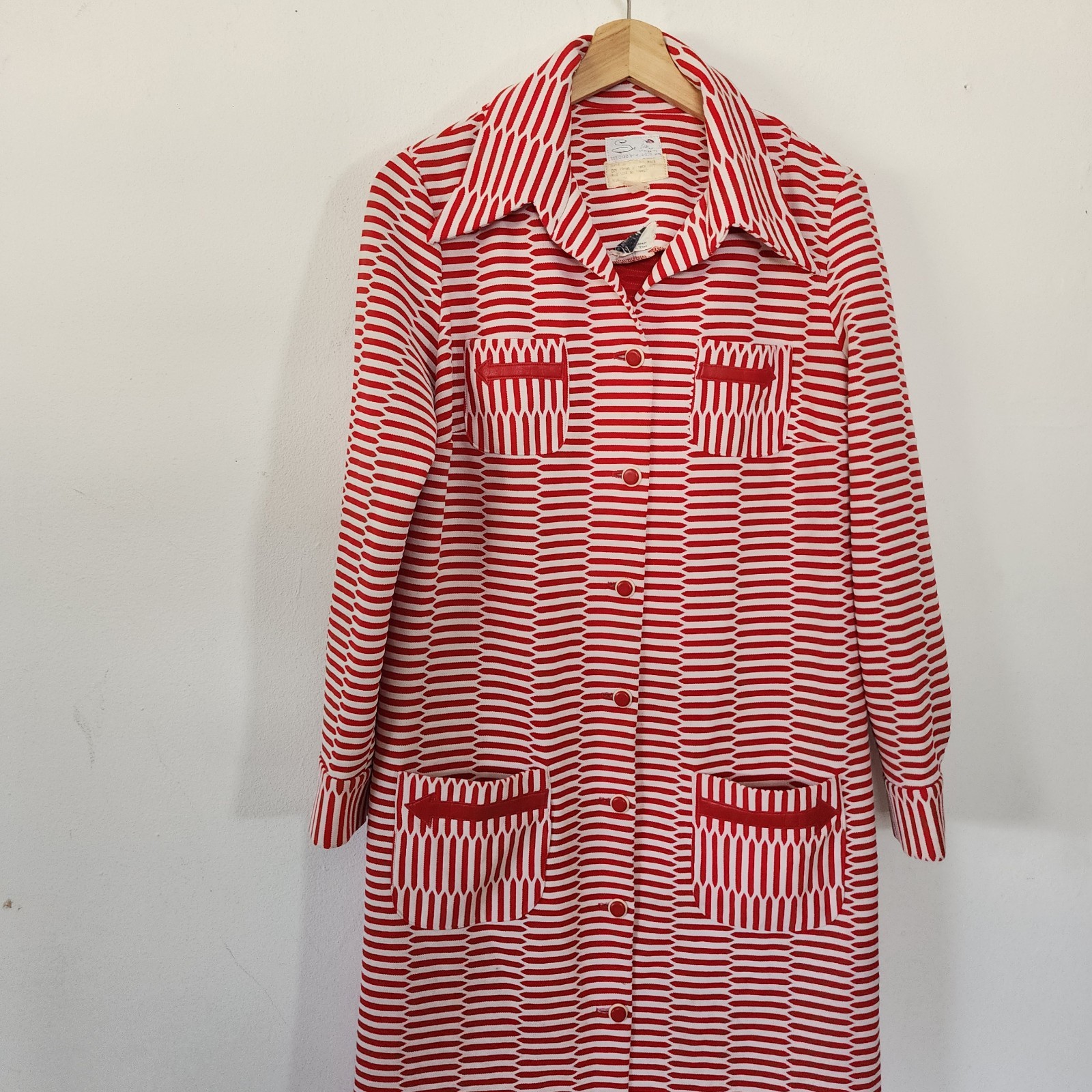 1970s Striped ILGWU Trench Coat Button Down White Red Serbin by Marianne Florida