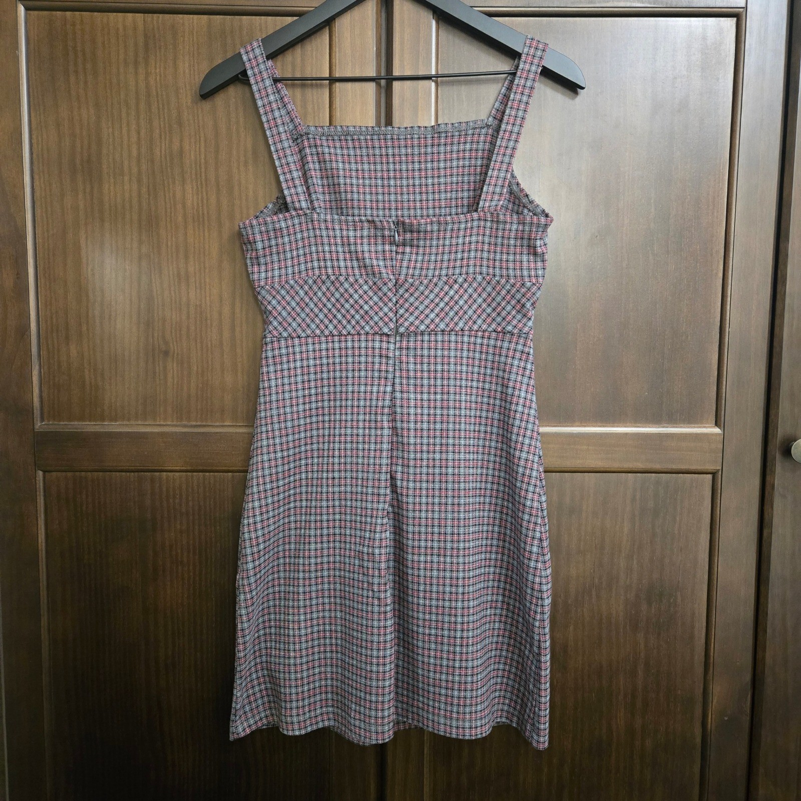 Vintage Rampage Plaid Mini Dress Red Grey Square Neck Toggle Waist 90s Womens 7