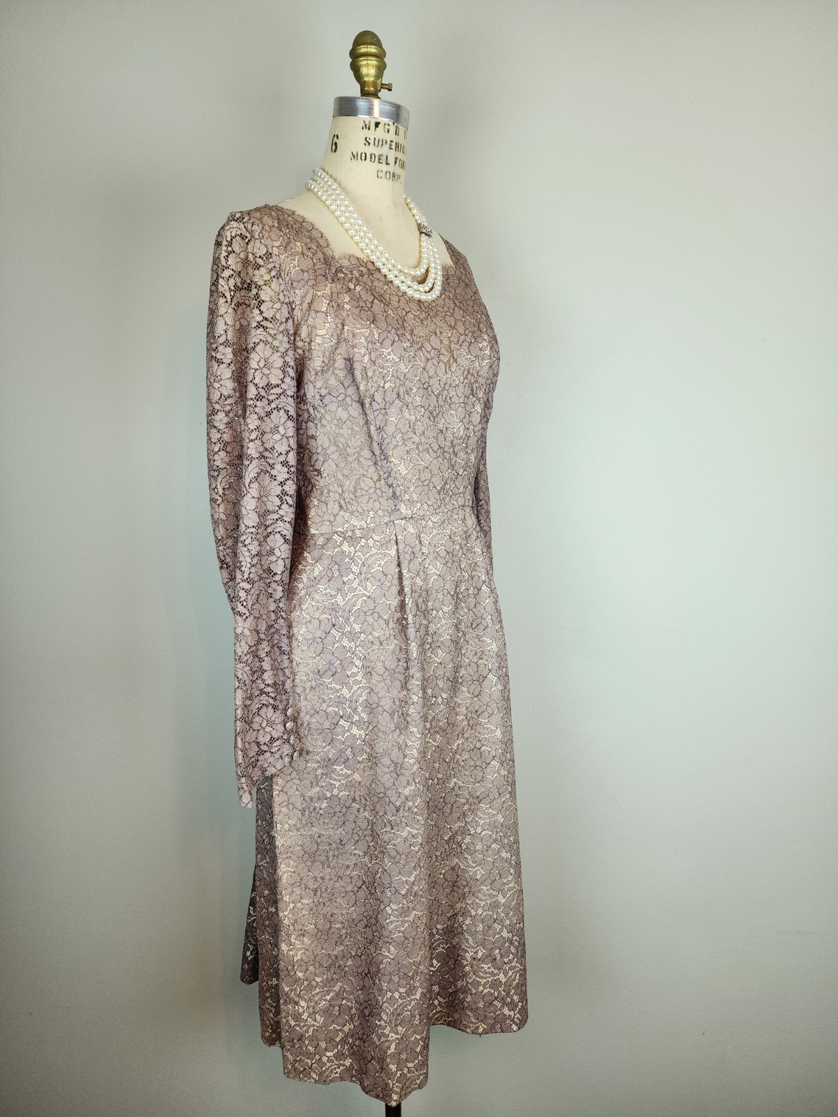 Vintage Late 1940’s Mauve Lace Over Champagne Satin Cocktail Dress with Godet