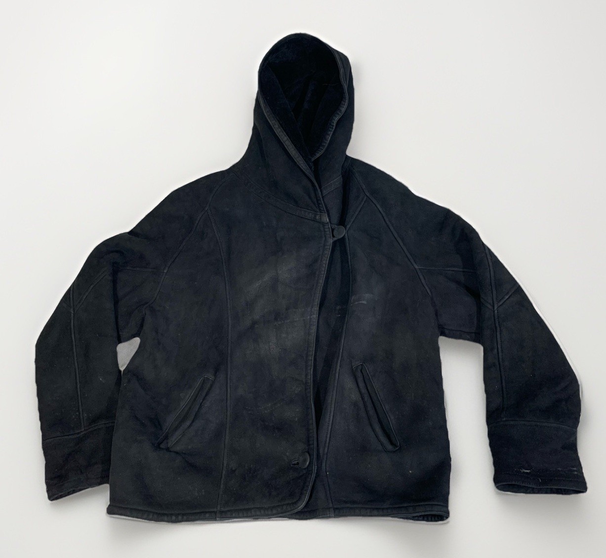 Toppolino Black Coat Fine Leatherwear Hooded Coat Shearling Lined L Vintage