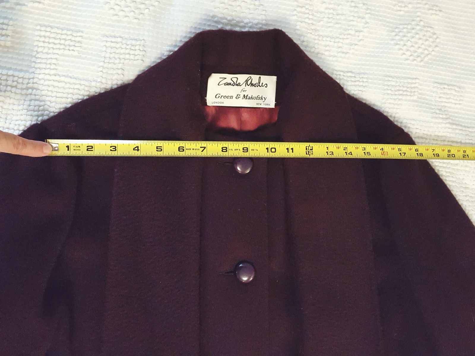 Zandra Rhodes Designer Ladies 100% Wool Coat, Vintage 1980s, Deep Burgandy Color