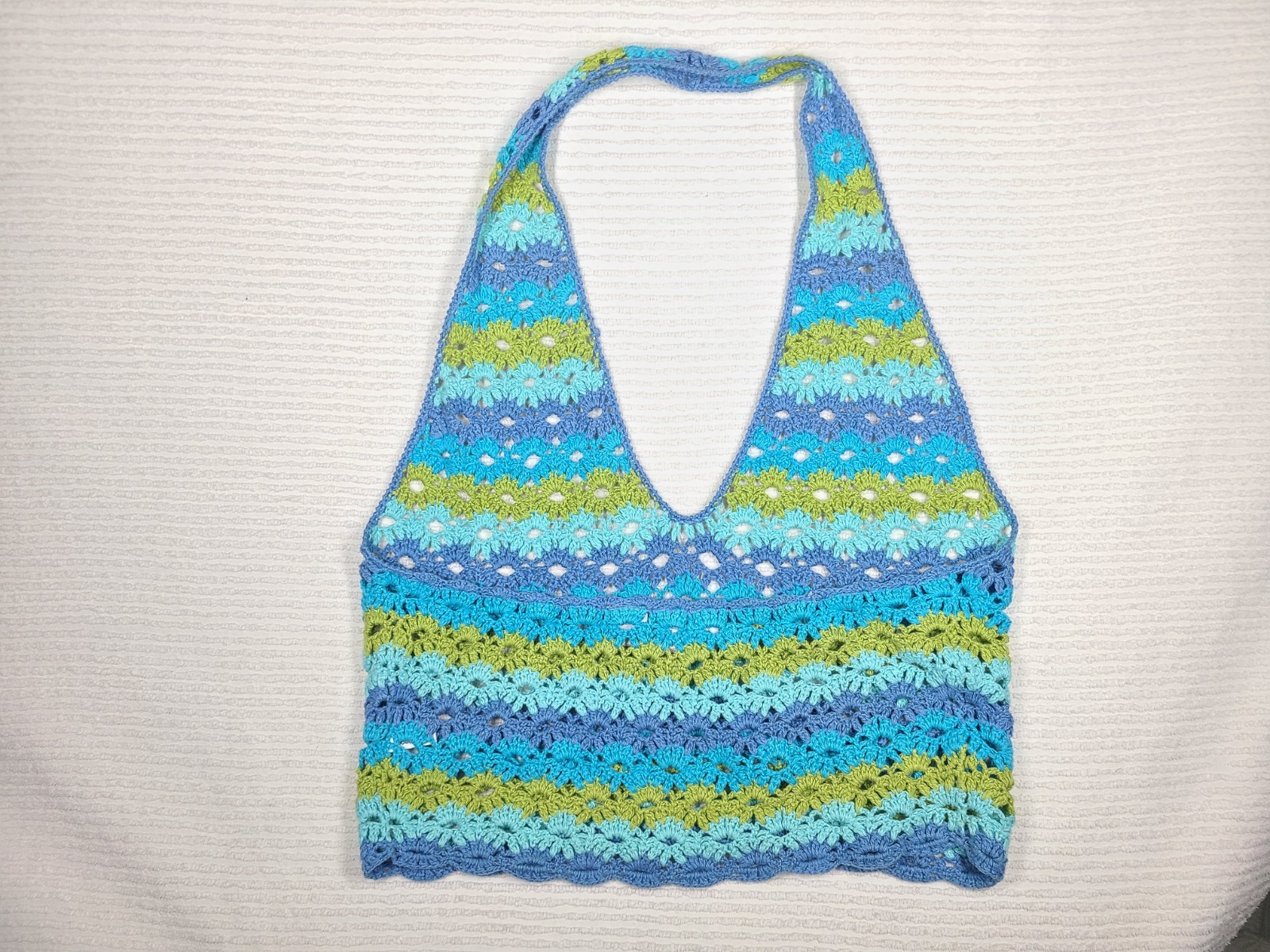 1990s Crochet Halter Top Retro Stripe Fan Stitch Cotton Ramie Medium Mall Hippie