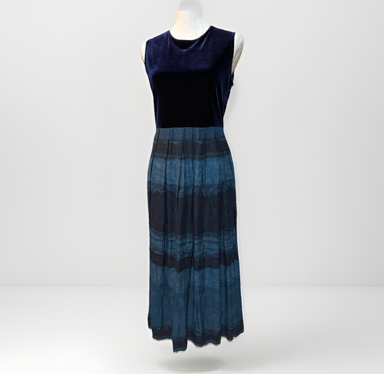 Vintage Karin Stevens Blue Velvet Bodice Ombre Pleated Maxi Dress Boho 90s M