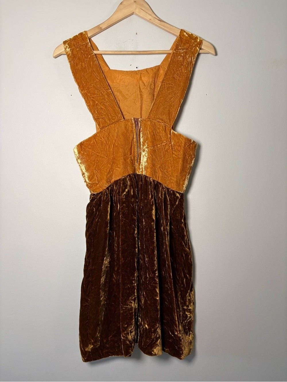 Vintage Early 1970s Mustard Yellow & Brown Velvet Pinafore Jumper Dress 70s