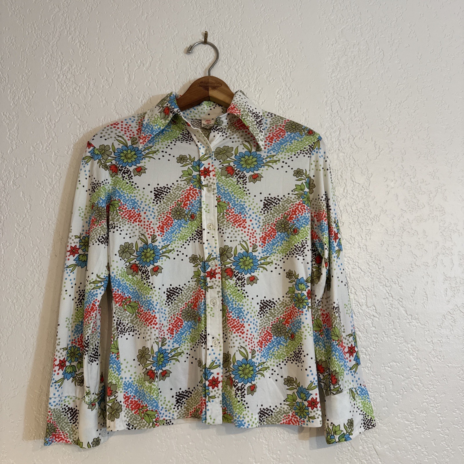 Robert Firenze Butterfly Collar Blouse Small – Floral Geometric Print Nylon NWOT